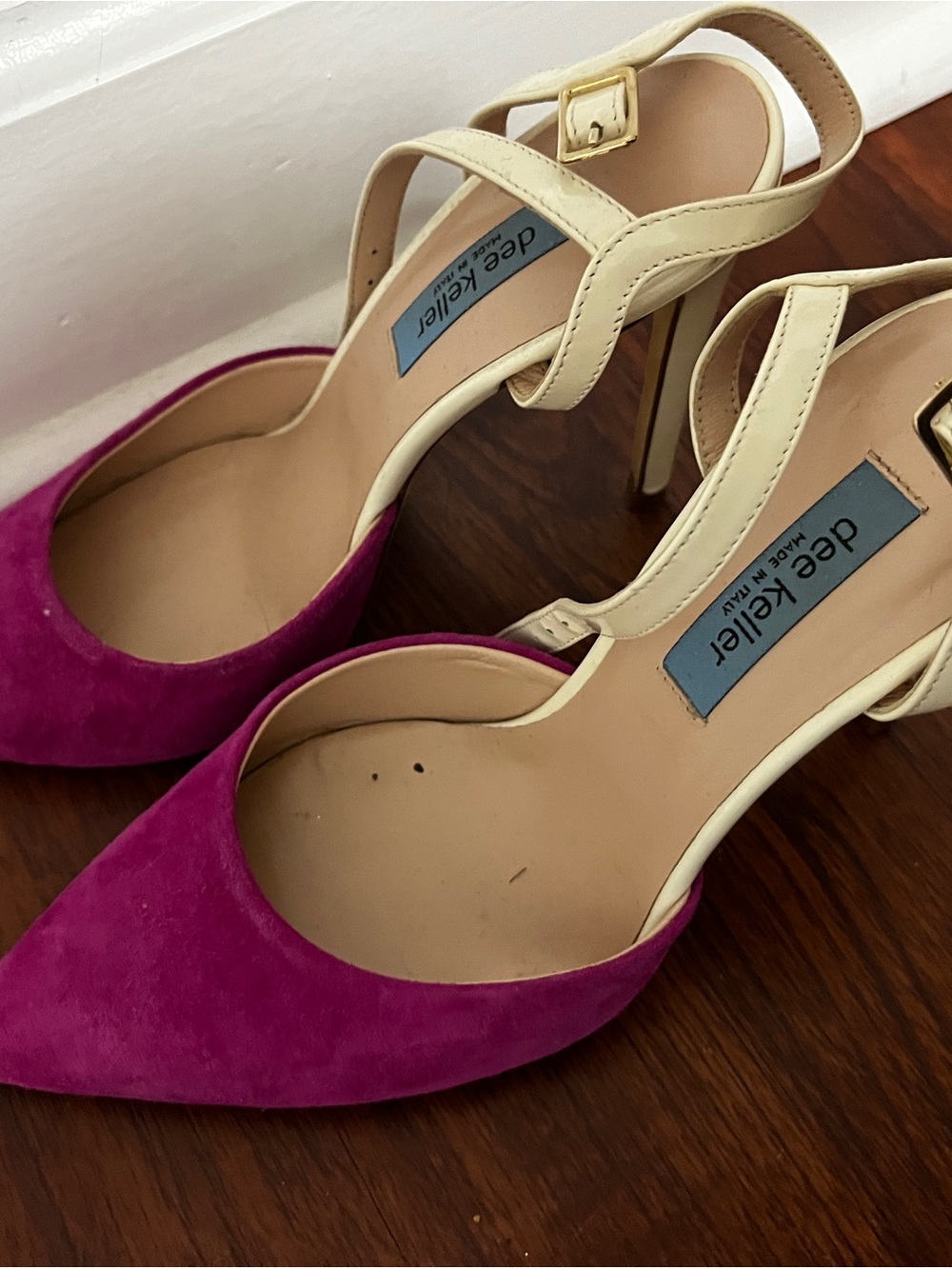 dee keller Fuchsia Suede Pointed-Toe Heels with Cream Ankle Straps